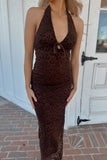 Doll Lace Halter Midi Dress - Brown