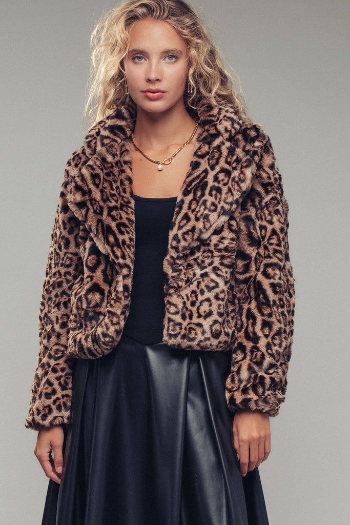 Cropped Faux Fur Leopard Print Bomber Jacket