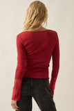 Solid Ribbed Knit Long-Sleeve Lace-Cuff Fitted Top: Red
