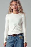 Polished Button Cuff Slim Knit Top: Ivory