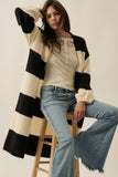 Striped Knit Open-Front Duster Pocket Cardigan: Black-Cream