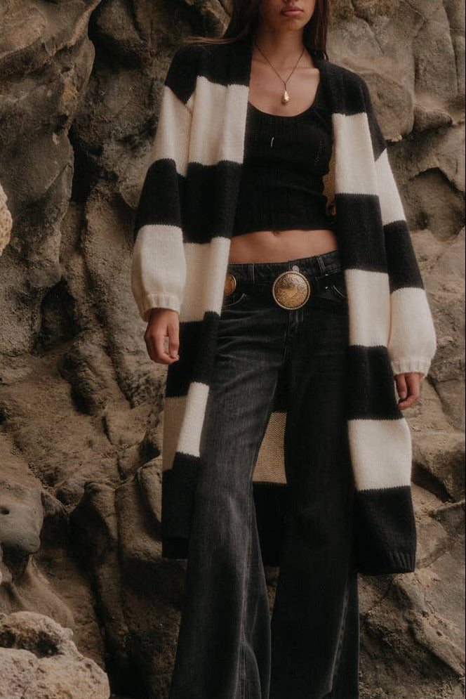 Striped Knit Open-Front Duster Pocket Cardigan: Black-Cream
