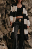 Striped Knit Open-Front Duster Pocket Cardigan: Black-Cream