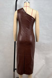 One Shoulder Faux Midi Dress- Brown