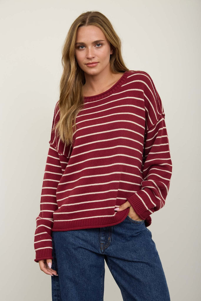 Cassie Stripe Sweater- Wine