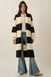 Striped Knit Open-Front Duster Pocket Cardigan: Black-Cream