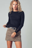 Polished Button Cuff Slim Knit Top: Black