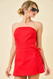 Strapless Denim Wrap Skort Romper- Red