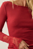 Solid Ribbed Knit Long-Sleeve Lace-Cuff Fitted Top: Red