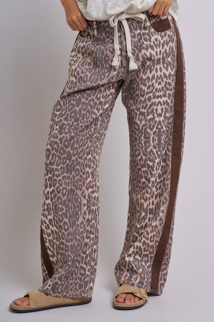Leopard Print Wide-Leg Pants with Side Stripe: Leopard
