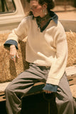 Rib-Knit and Denim Layered-Look Split-neck Collared Sweater: Cream