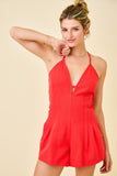 Halter Pleated Romper- Red