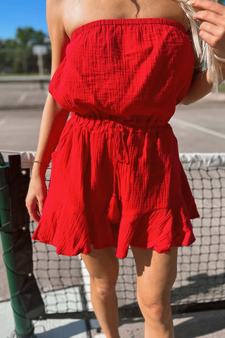 Darby Strapless Romper Red
