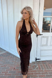 Doll Lace Halter Midi Dress - Brown
