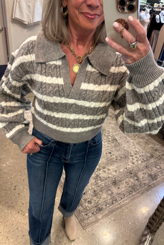 Collared Stripe Cropped Cable Kint Sweater