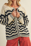Wave Pattern Sweater Cardigan Navy