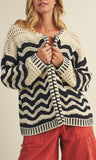 Wave Pattern Sweater Cardigan Navy
