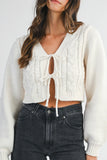 Cable Knit Front Self Tie Bow Crop Cardigan