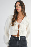 Cable Knit Front Self Tie Bow Crop Cardigan