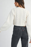 Cable Knit Front Self Tie Bow Crop Cardigan