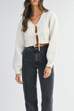 Cable Knit Front Self Tie Bow Crop Cardigan