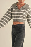 Collared Stripe Cropped Cable Kint Sweater