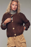 Chunky Gold Button Ribbed Knit Cardigan: Brown