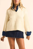 Rib-Knit and Denim Layered-Look Split-neck Collared Sweater: Cream