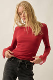 Solid Ribbed Knit Long-Sleeve Lace-Cuff Fitted Top: Red