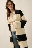 Striped Knit Open-Front Duster Pocket Cardigan: Black-Cream