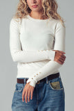 Polished Button Cuff Slim Knit Top: Ivory