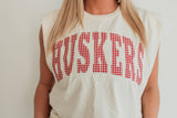 GINGHAM HUSKERS ROLLED MUSCLE TANK: Ivory