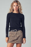 Polished Button Cuff Slim Knit Top: Black