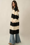 Striped Knit Open-Front Duster Pocket Cardigan: Black-Cream
