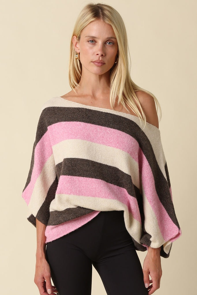 Katie Stripe Dolman Sweater- Pink