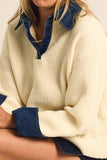 Rib-Knit and Denim Layered-Look Split-neck Collared Sweater: Cream