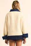 Rib-Knit and Denim Layered-Look Split-neck Collared Sweater: Cream