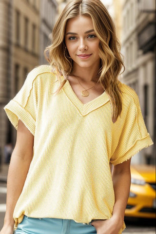 Sunshine Yellow Ribbed V- Neck Tee