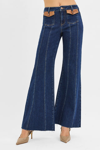 HIgh Rise Wide Flare Leather Pocket Jean