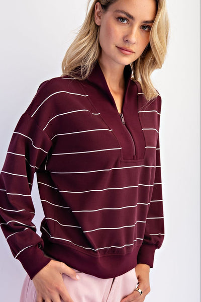 Scuba Zipper V neck- DK Cherry