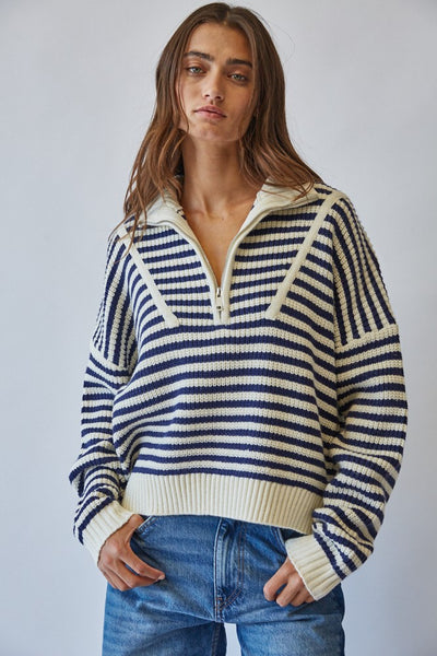 Coastal Half Zip Stripe Sweater Navy