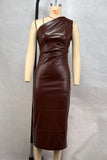 One Shoulder Faux Midi Dress- Brown