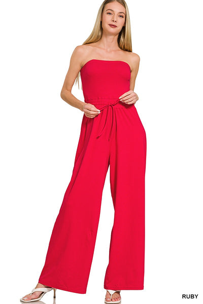 Strapless Knit Jumpsuit- Red