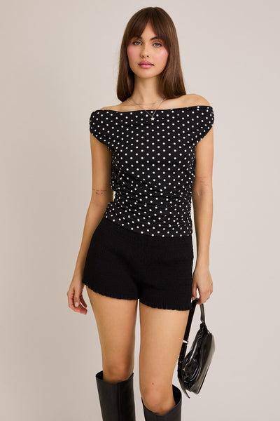Polka Dots Off Shoulder Top - Black/White