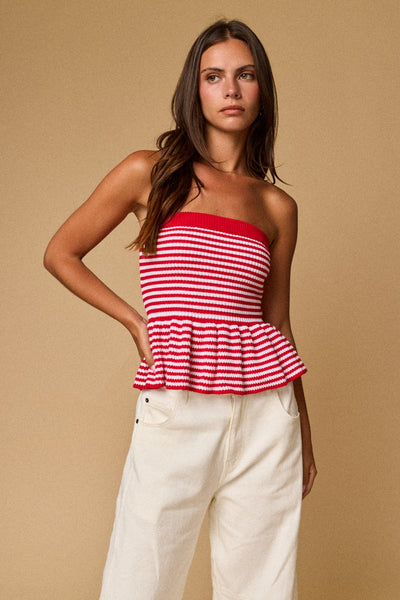 Red Stripe Peplum Tube Top