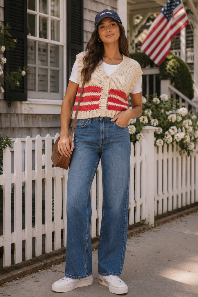 Jessica Striped Sweater Vest- Red/Cream
