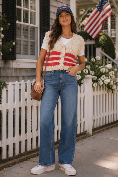 Jessica Striped Sweater Vest- Red/Cream
