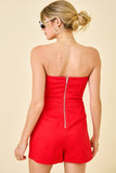 Strapless Denim Wrap Skort Romper- Red