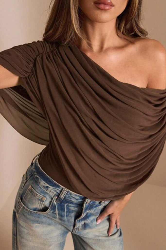 Draped Sheer Bodysuit- Brown