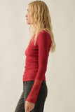 Solid Ribbed Knit Long-Sleeve Lace-Cuff Fitted Top: Red